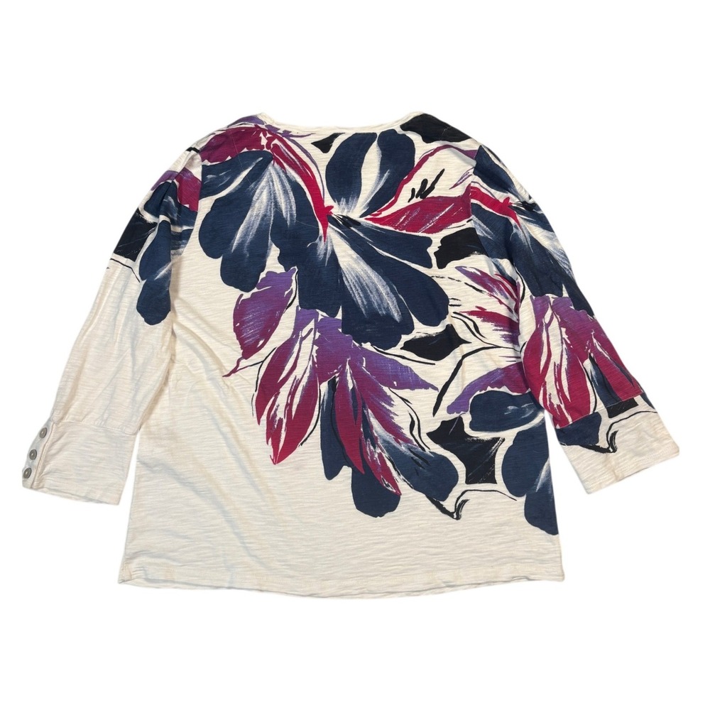 Chicos Floral Slub Knit Top Navy Magenta Purple Button Cuff Cotton Modal M L